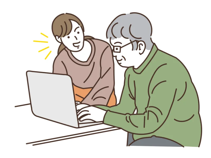 シニア男性が女性インストラクターからパソコンを教わっているイラストです。