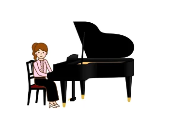 ピアノの先生がグランドピアノを弾いているイラストです。